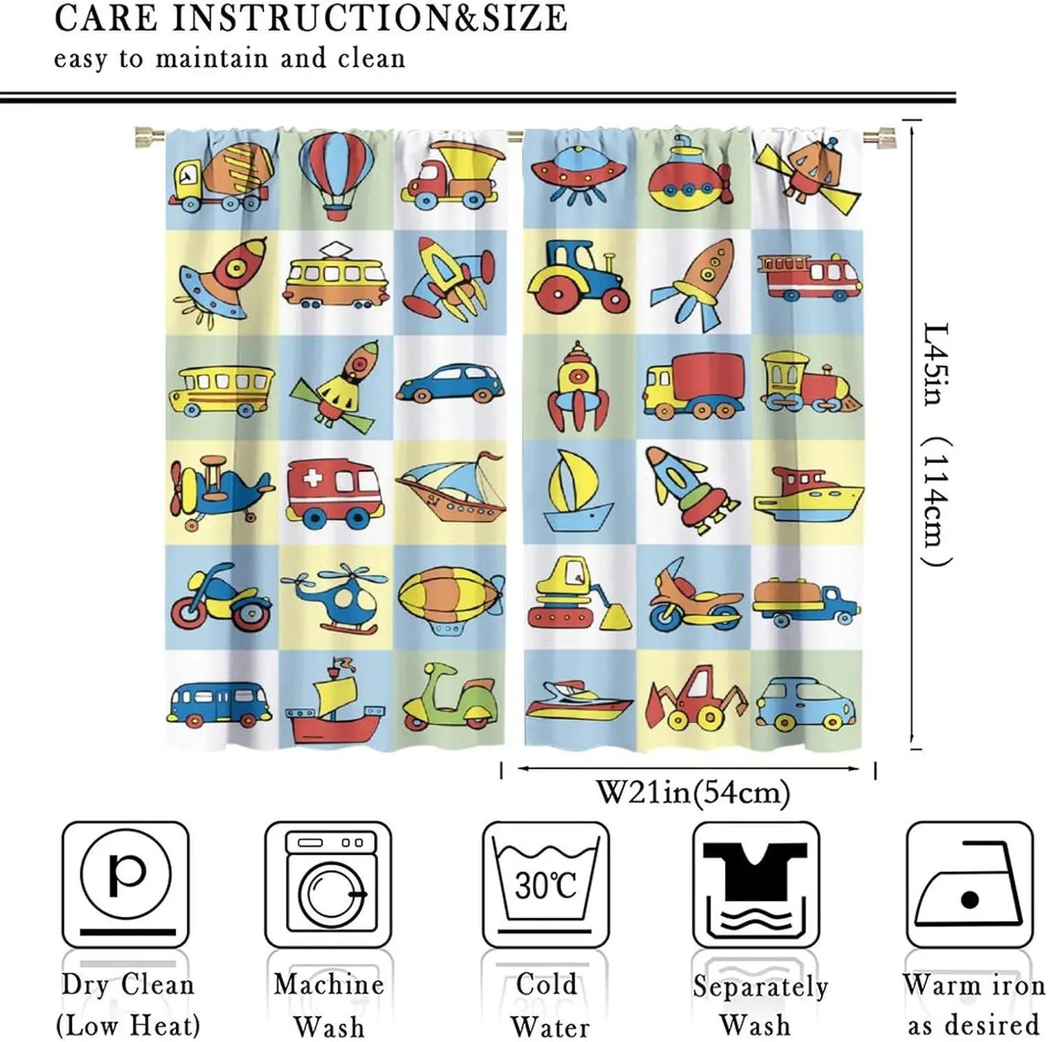 Cartoon Transport Curtains Kids,Cute Car Plane Bus Ship Colorful Pattern Window Treatments for Boys Girls Bedroom Living Room