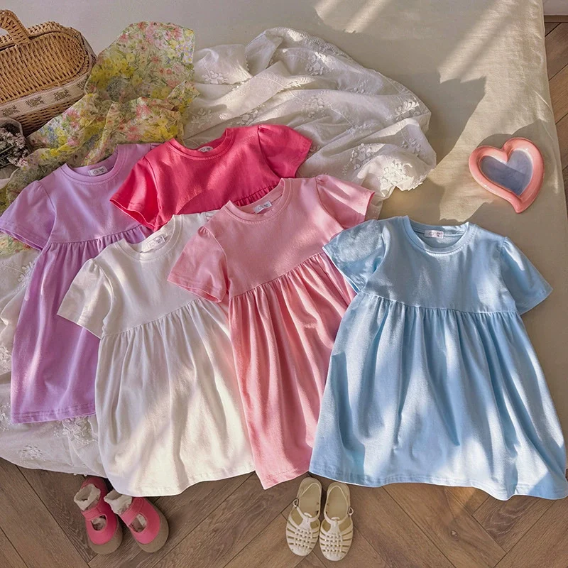 Summer Short-Sleeved Dress Girls Casual Loose Dresses Children Solid-Colour Cute Princess Frock New Kids Fashion Clothing 2-8Y