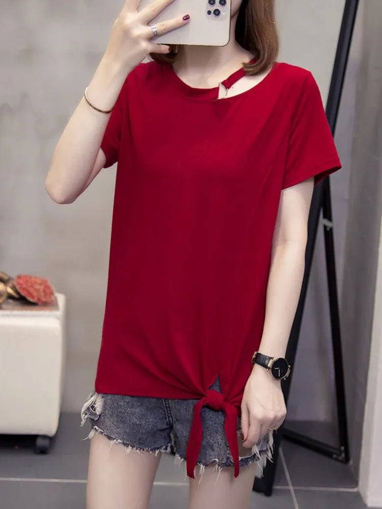 

Oversized Cotton Chic Basic T-shirt Women Summer Casual Loose Short Sleeve Large Tshirt Lace Up Irregular Tees Solid Color Tops