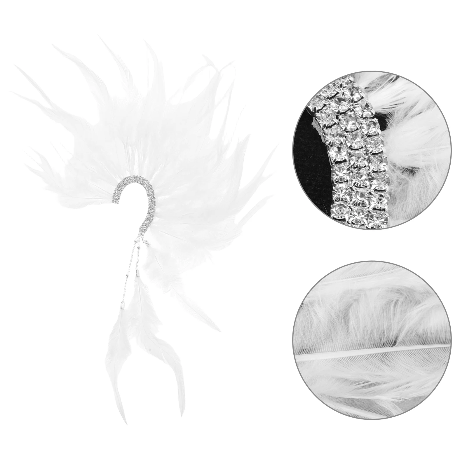 

2 Pcs Ear Plume Earrings For Women Clips White Dangle Earrings for Women Bohemian Rhinestone Tassel Wedding Plume Accessories