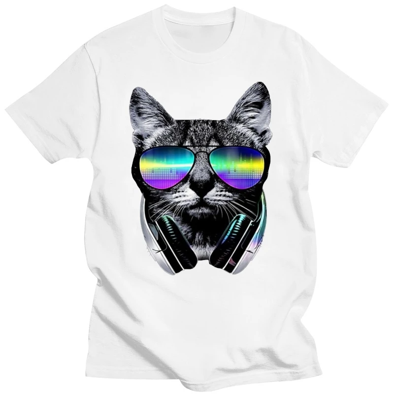 Urban Fashion T Shirt Men House Cat T-shirt Casual Cotton Neon Music Lover Tshirt Round Neck Cute Short Sleeved Pop Culture Tee