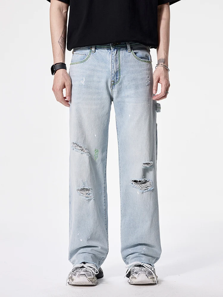 

Bla Armada American Retro Sle Ripped Loose Wide Leg Jeans Workwear Pants Men's Casual Cotton Torn Jeans Autumn Wear