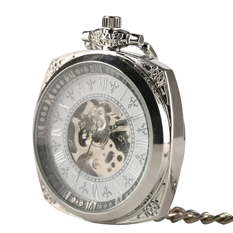 Silver Retro Men Women Handwind Mechanical Pocket Watch Skeleton Clock Pendant Chain FOB Watches Roman Numeral Open Face Reloj