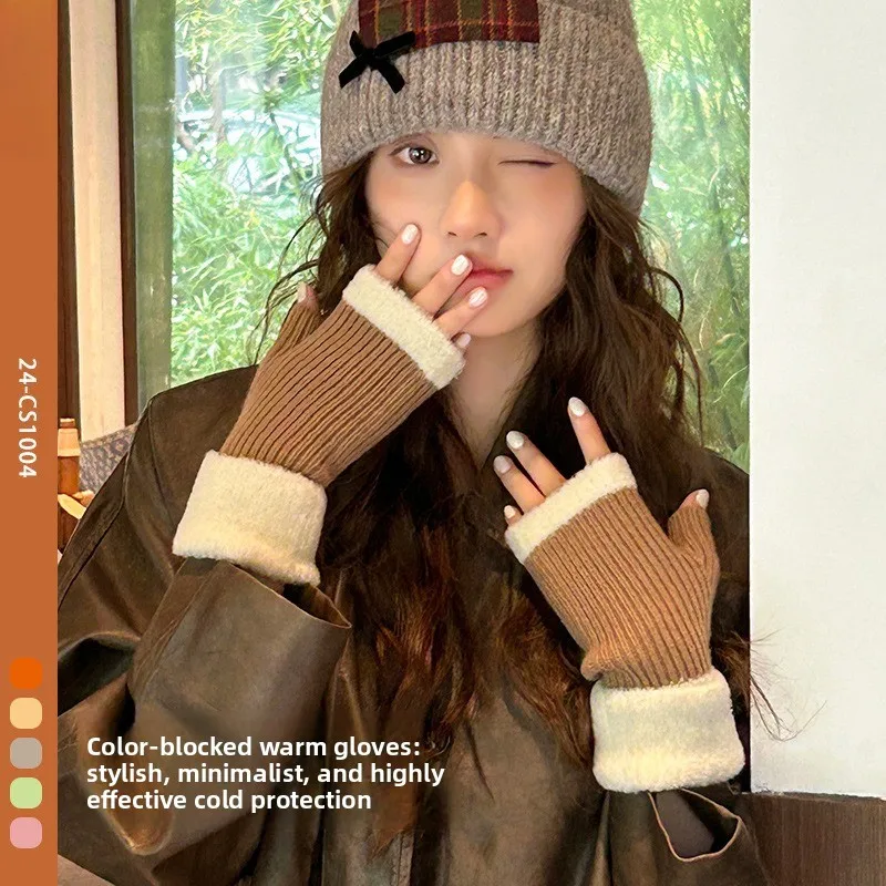 الخريف والشتاء قفازات نصف اصبع جديدة النسخة الكورية من قفازات محبوكة دافئة مطابقة الألوان حماية المعصم قفازات السيدات