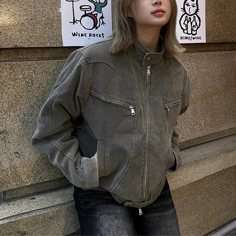 Vintage Washed Short Denim Jacket Women's Spring and Autumn Design Stand-up Collar Jacket