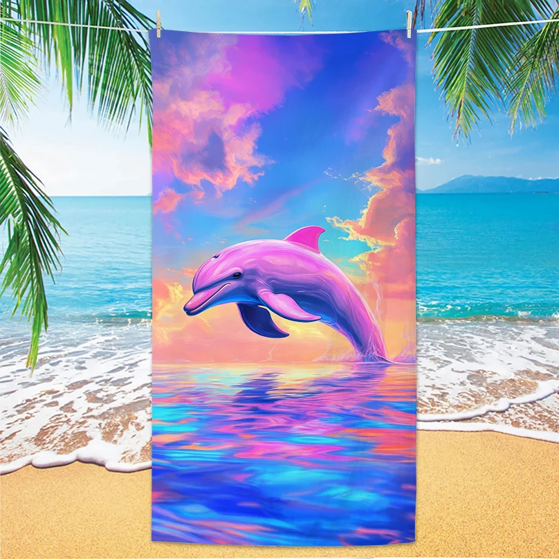 Dolphin Pattern Beach Towel, Digital Printing Thin Quick-Dry Anti-Sand Microfiber Lightweight for Swim Yoga Travel Gym Gift