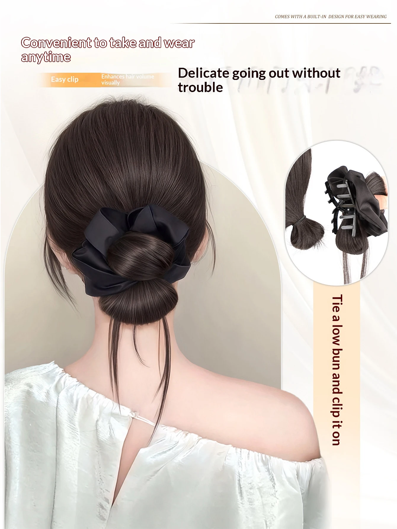 Black Synthetic Hair Loose Temples Claw Clip Hair Ring Fluffy Messy Bun Heat Resistant Hair Accessories for Women