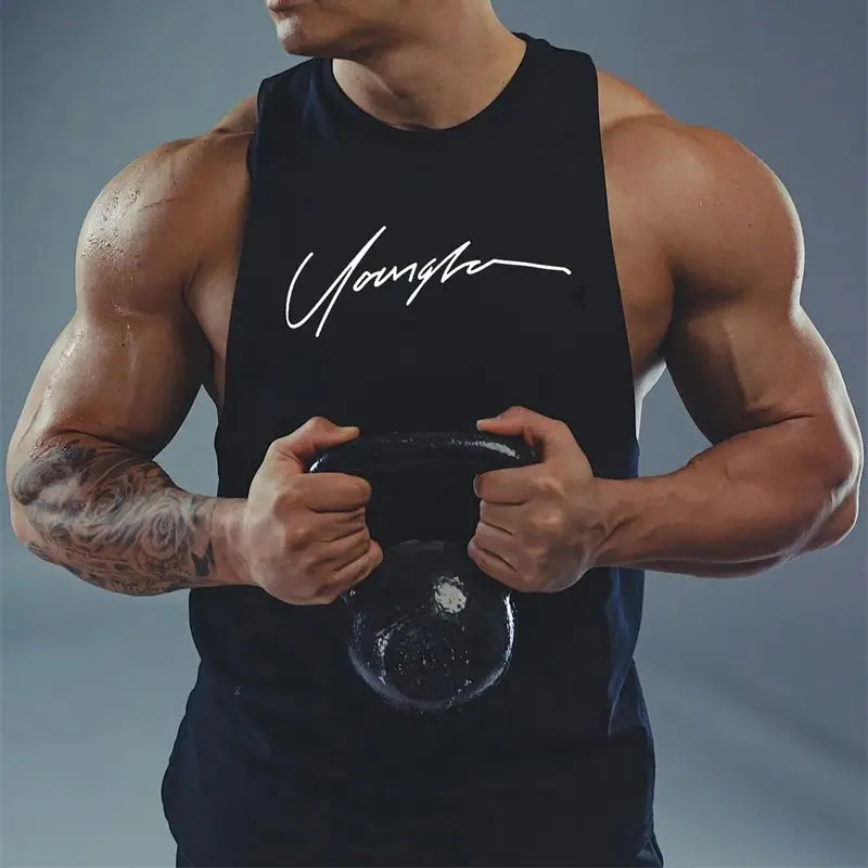 New summer streetwear Casual cotton men\'s vest Fashion wide shoulder crew neck top Fitness sports breathable men\'s sportswear