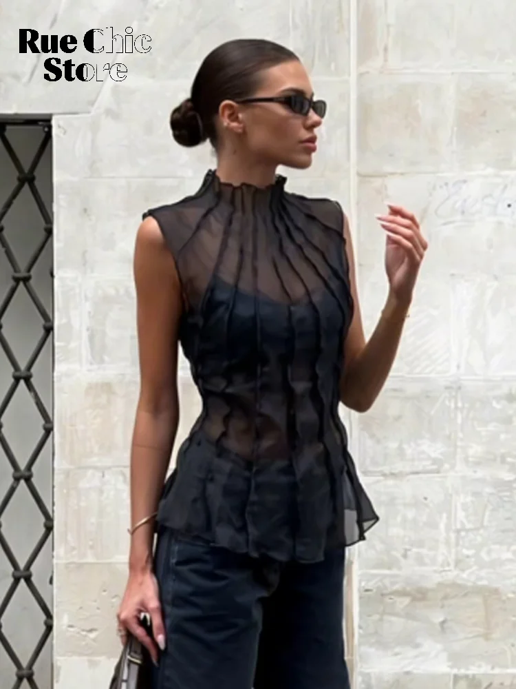 Solid Pleated Satin Sleeveless Blouse Women Chic High Neck Ruched Peplum Short Tops 2026 Lady Summer Office Commute Date Wear image 5