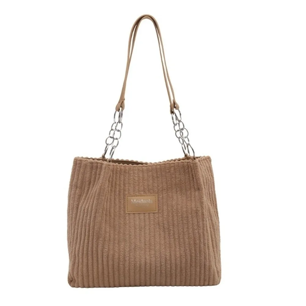 Simple Polyester Lining Corduroy Tote Bag Zip Closure Large Capacity Shoulder Bag Solid Color Handbag Travel