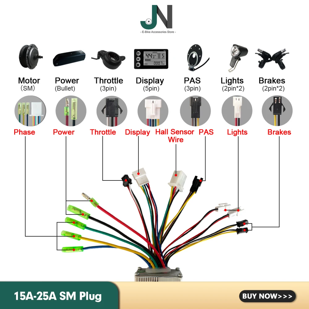 36V 48V 250W 350W 500W 750W 1000W 1500W JN Ebike Controller with SM WP Connector Use for Electric Scooter Control System