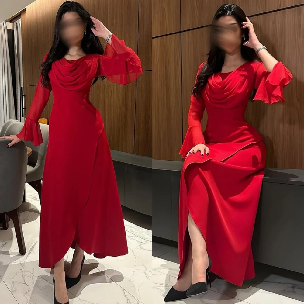 فستان سهرة كلاسيكي بأكمام طويلة من الجيرسيه باللون الأحمر مخصص بسيط على شكل حرف a بطول الكاحل فساتين رسمية للمشاهير بدون حمالات