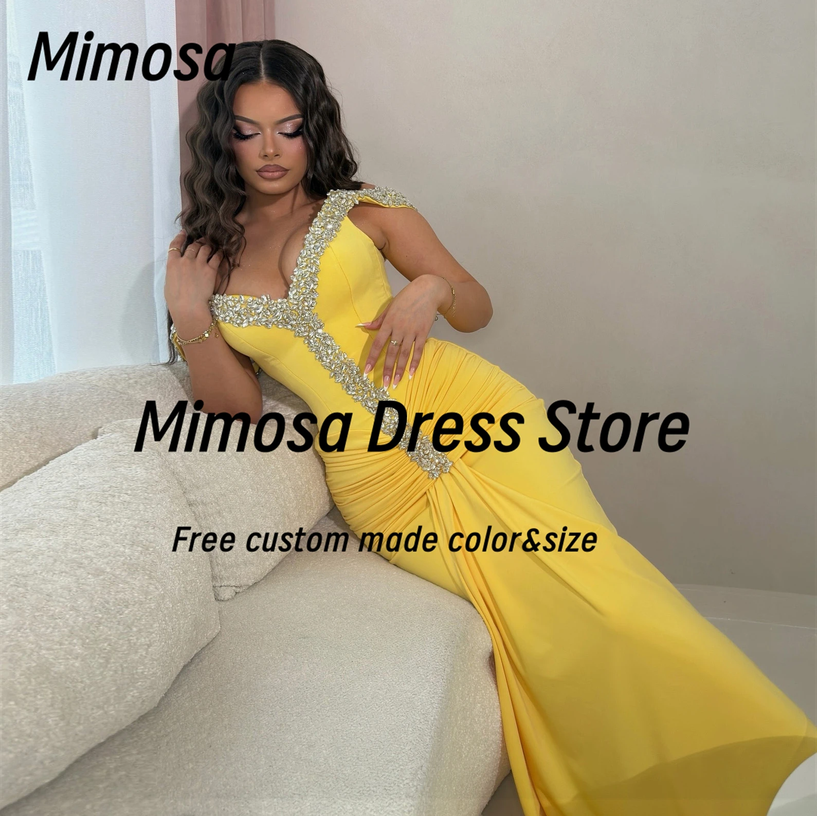

Mimosa Sexy Off Shoulder Prom Dresses with Crystals Ruched Evening Gowns Zipper Back Special Banquet Dress Customized