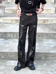 2024 y2k Style Black Men Cargo Outdoor Tracksuit Pants Y2K Design buttons Sweatpants Leather splicing Male Long Trousers Pantalo