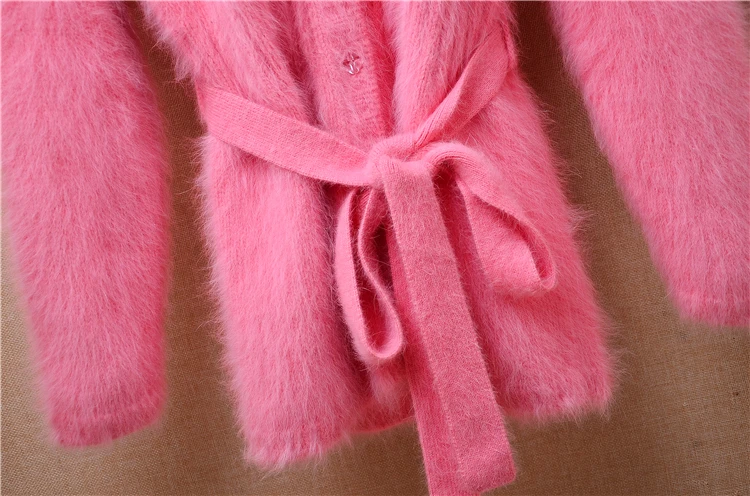 Ladies Women Spring Autumn Clothing Pink Hairy Plush Mink Cashmere Knitted Hooded Long Sleeves Slim Cardigans Jacket Sweater Top