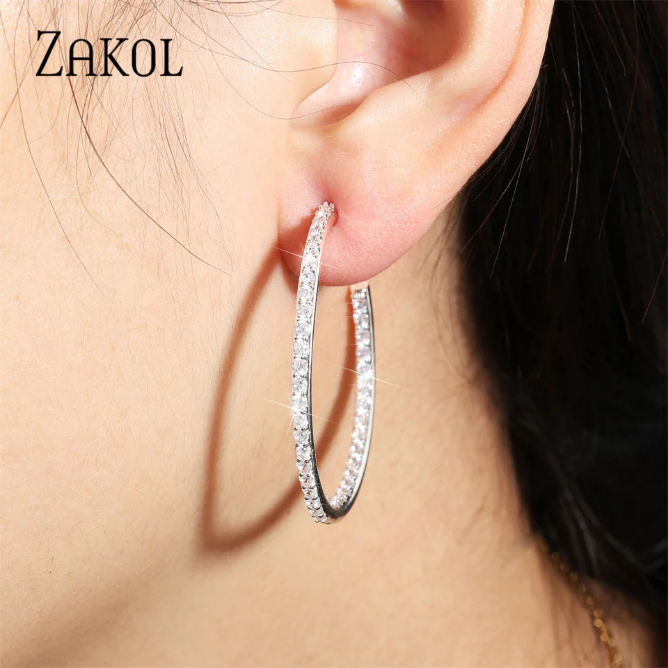 Korean Fashion micropave Zircon Hoop earrings for women exquisite silver color Large C shaped earring Wedding bridal jewelry