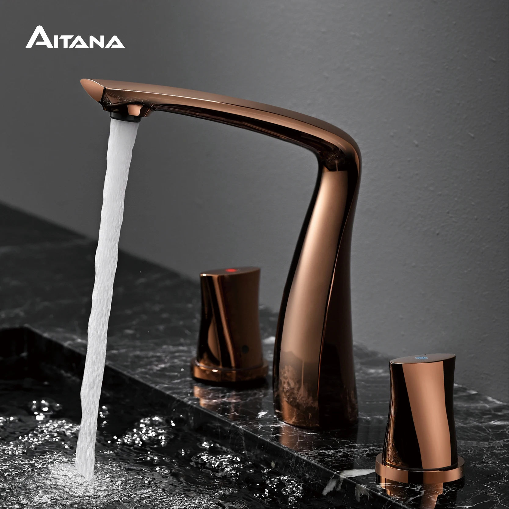 

Modern luxury brass gun gray bathroom faucet with split design, two handles with dual control of hot and cold, simple basin Tap