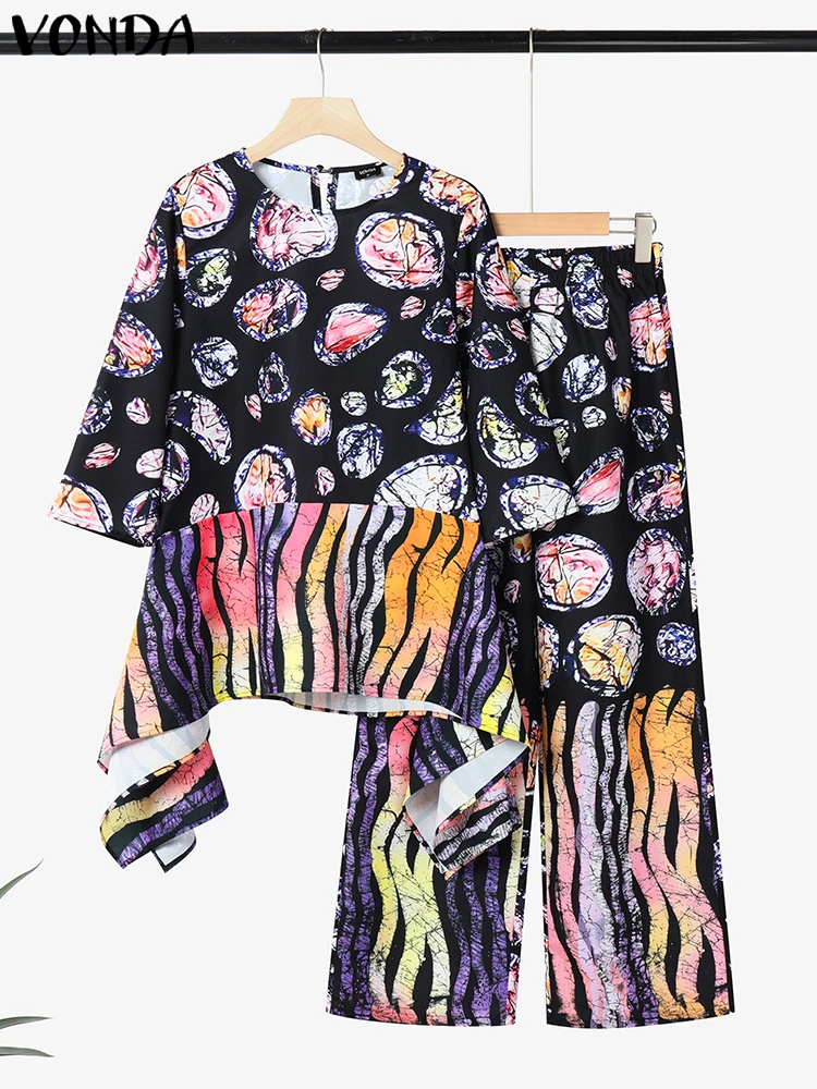 

2PC Vintage Outfits Irregular Tops Printed Long Pants Elegant Suits 2025 VONDA Women Pants Sets Casual Matching Sets Fashion