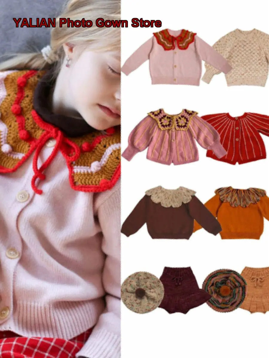 Winter Baby Girl Kids Christmas New Year Lapel Hand-Crocheted Knit Pants and Skirt Set