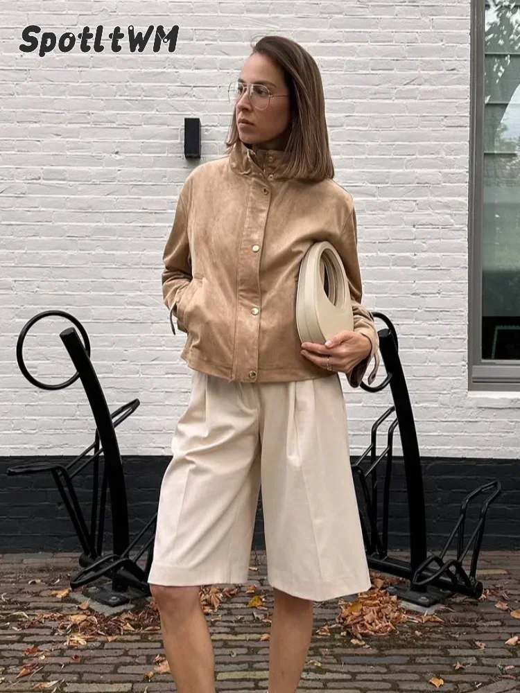 Khaki Stand Collar Faux Suede Jackets Women Solid Zip‑snap Long Sleeve Closure Loose Cropped Coat Autumn High Street Outerwear