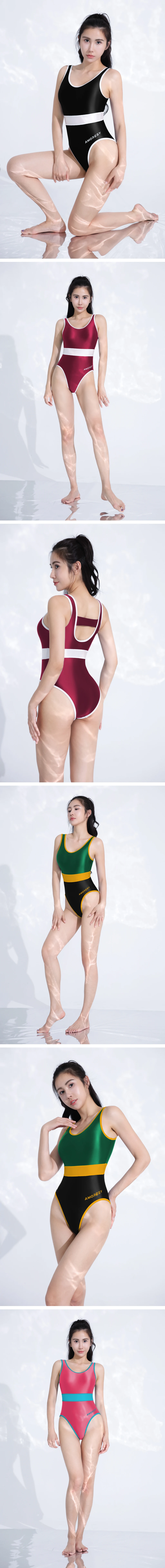 AMORESY Damen Einteiliger Badeanzug für Thermalbäder und Urlaub, Glänzender Bodysuit, Strumpfhose, Leotard, Sexy Bademode – Detail 4