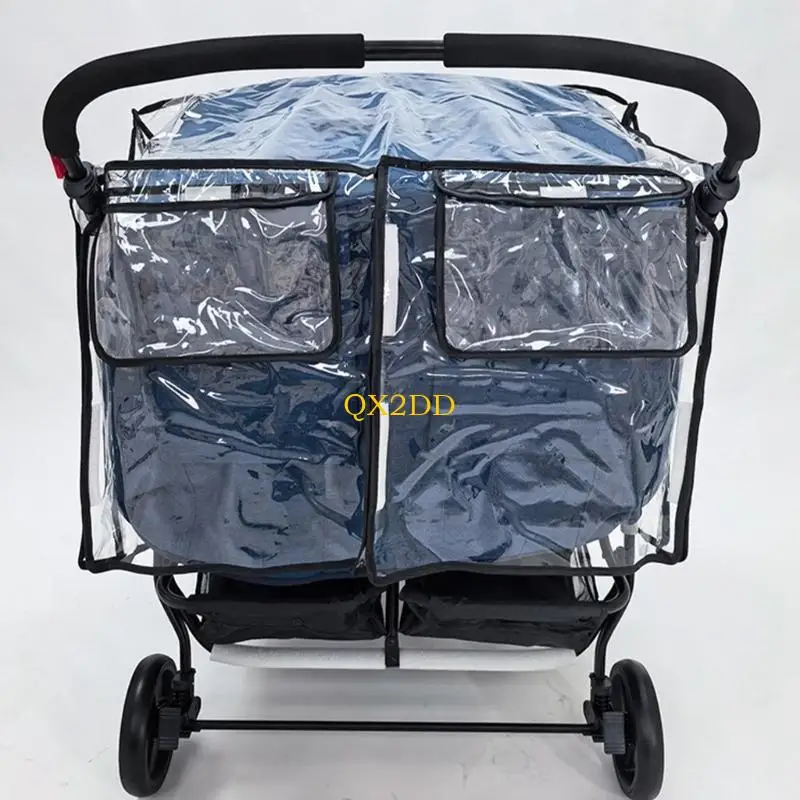 QX2D Twin Baby Pram Rain Guard Water Resistant Fabric with Phone Storage Pocket Compact Foldable Design for Parents