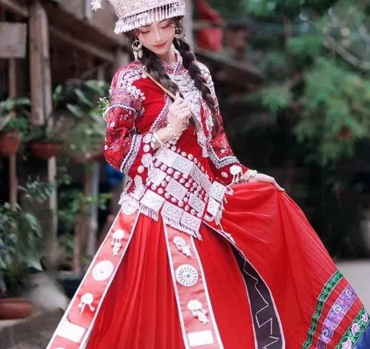 

Chinese Hmongb Women Dress Red Vintage Suit Miao Stage Dance Embroidery