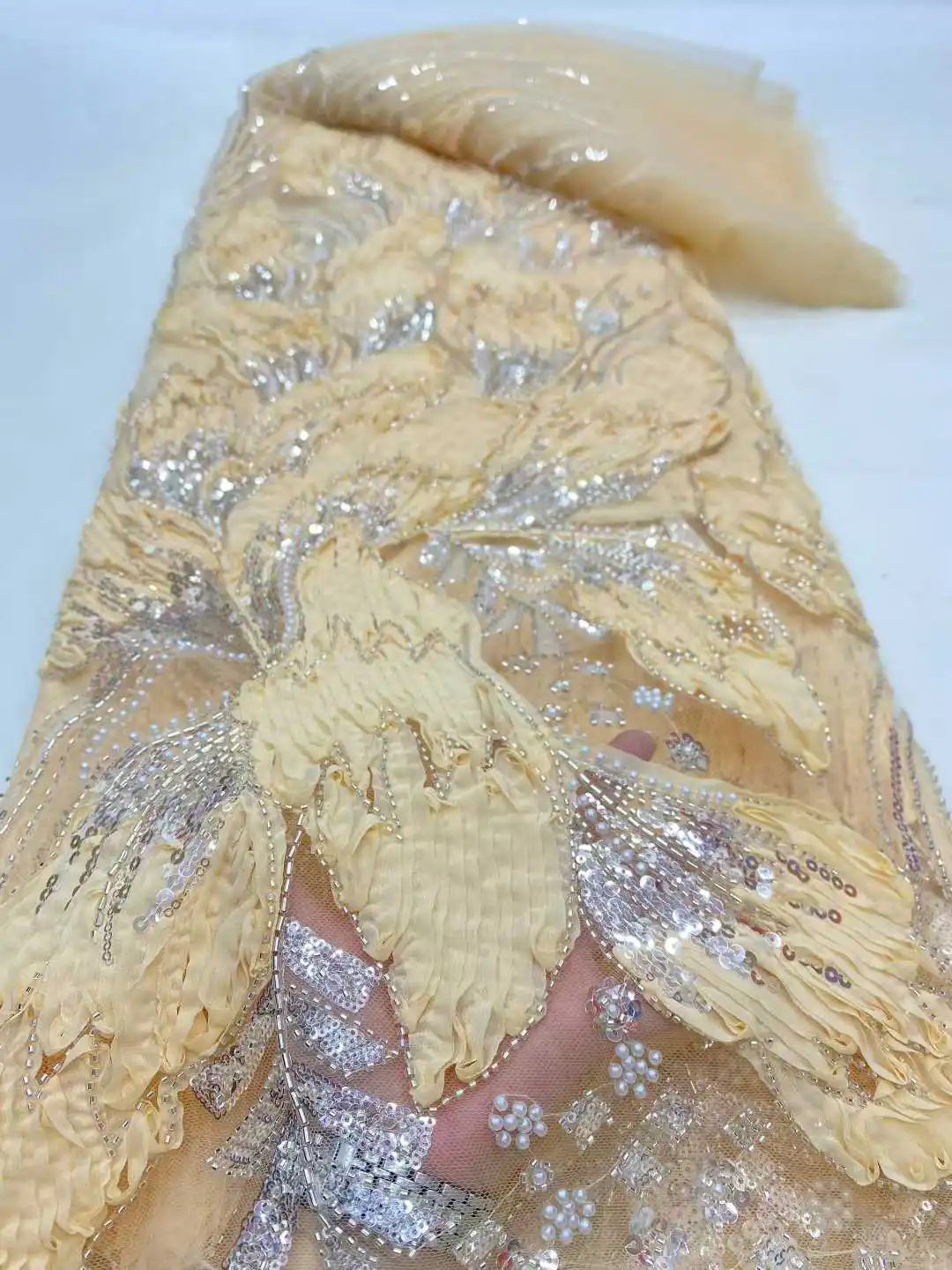 5 jardów afrykańskiej koronki, wysokiej jakości francuska koronka z haftem 3D, cekinami, koralikami i tiulem, idealna na sukienki imprezowe, rok 2025.