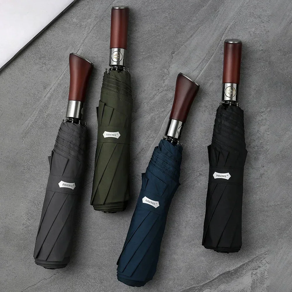 Windproof Large Umbrella for Men 8 Ribs Fully Automatic Umbrella Heavy Rain Outdoor Wooden Folding Umbrellas Compact Parasol 우산