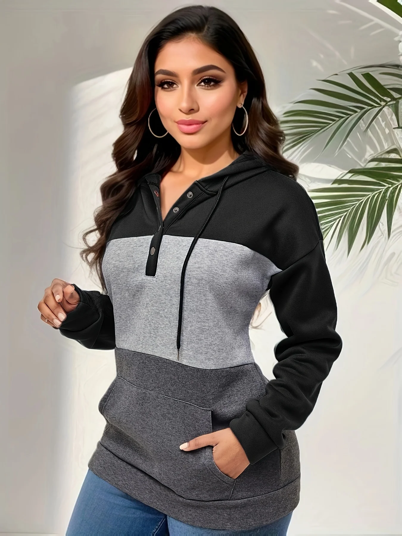 Hoodies For Women with Designs Patchwork Buttons Long Sleeve Thick Drawstring Graphic Cute Sweatshirt Black