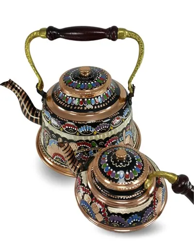 LaModaHome Hand Painted Large Copper Turkish Tea Pot Samowar Style