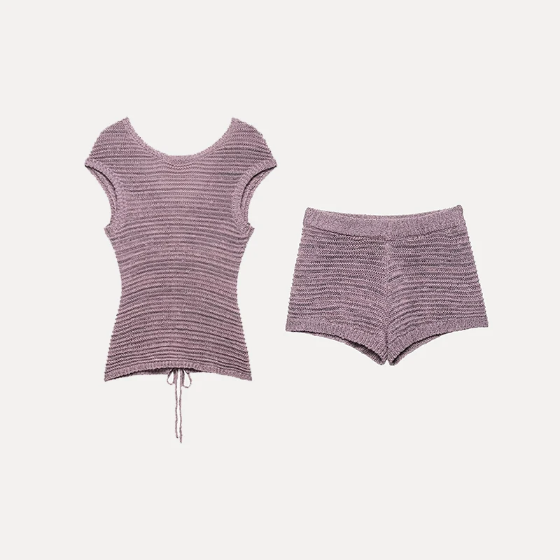 Z 2025 New Women's Knitted ort Sve round Ne Two-Piece Set Polyester Fiber ort Pants Faionable Casual Wear