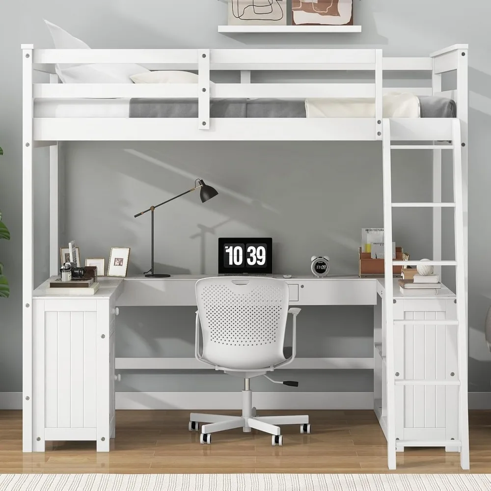 Full Size Loft Bed with U-Shaped Desk, Drawers and Storage Shelves, Solid Wood Loft Bed Frame for Kids Teens Adults, White