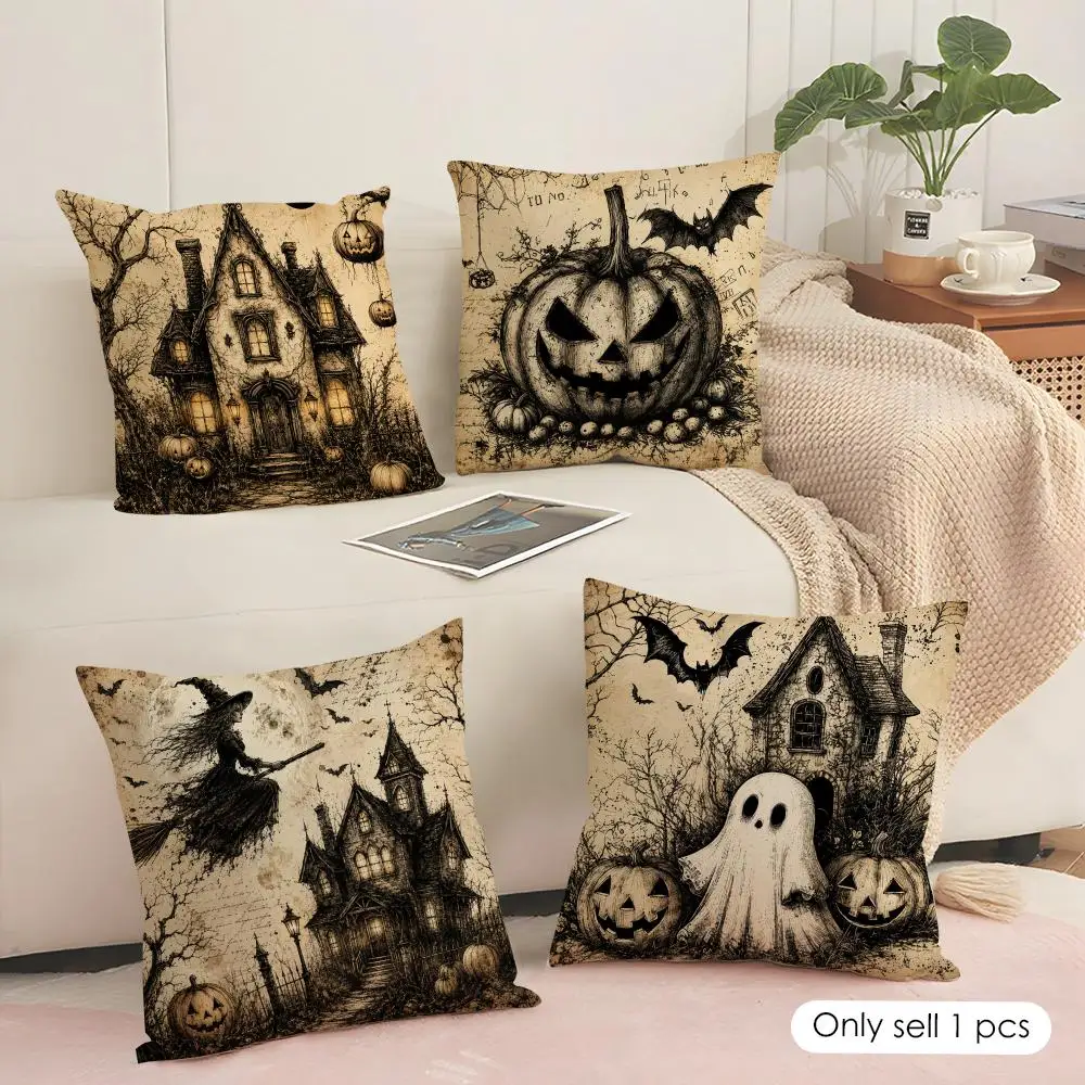 Vintage Gothic Halloween Pattern Cushion Cover Soft Short Plush Pillow Cover Smooth Cozy Texture Cushion Case Home Decor