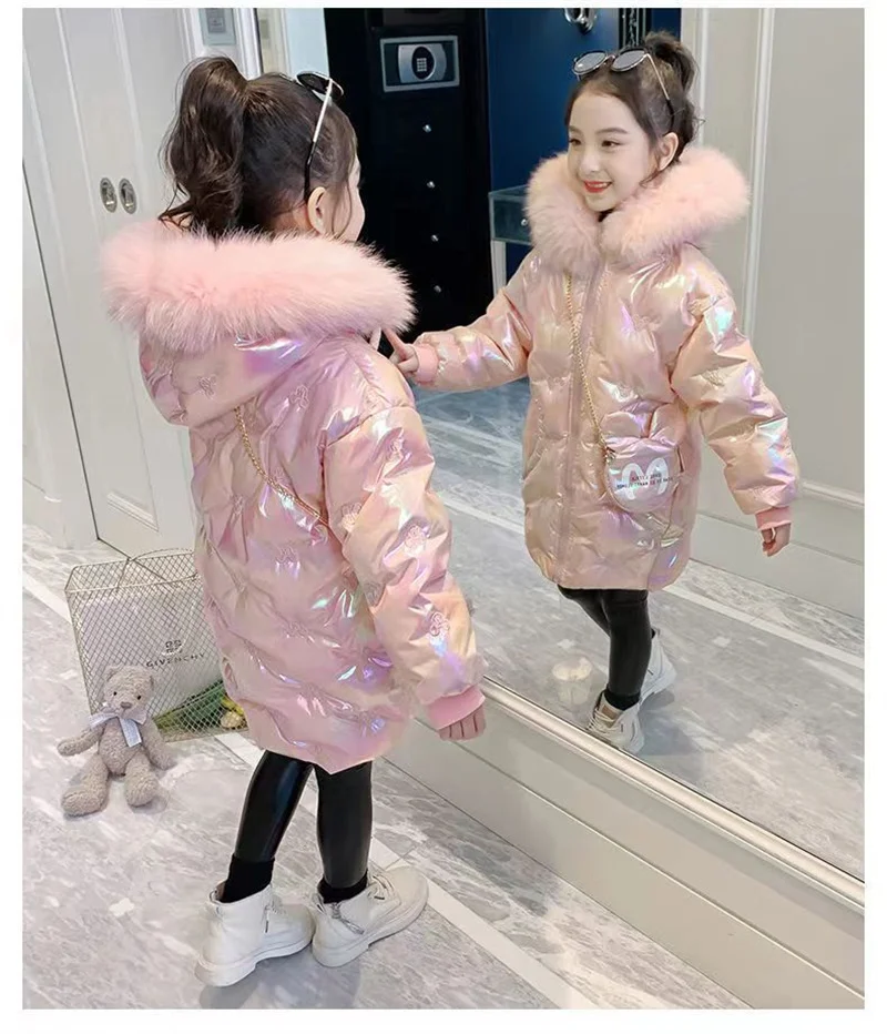 Thicken Casual Jackets Kids Winter Glossy Coats Baby Girl Plush Hooded Outerwear Children Zipper Parkas Fashion Cute Overcoat