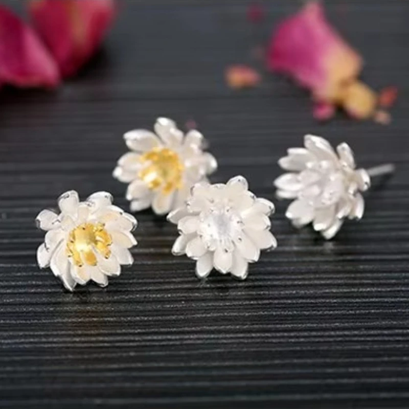 Prawdziwe 925 Sterling srebrne z kwiatem lotosu kolczyki dla kobiet dziewczyn prezent Hot moda sterling-srebrny-biżuteria kobiet kolczyki — zdjęcie 4