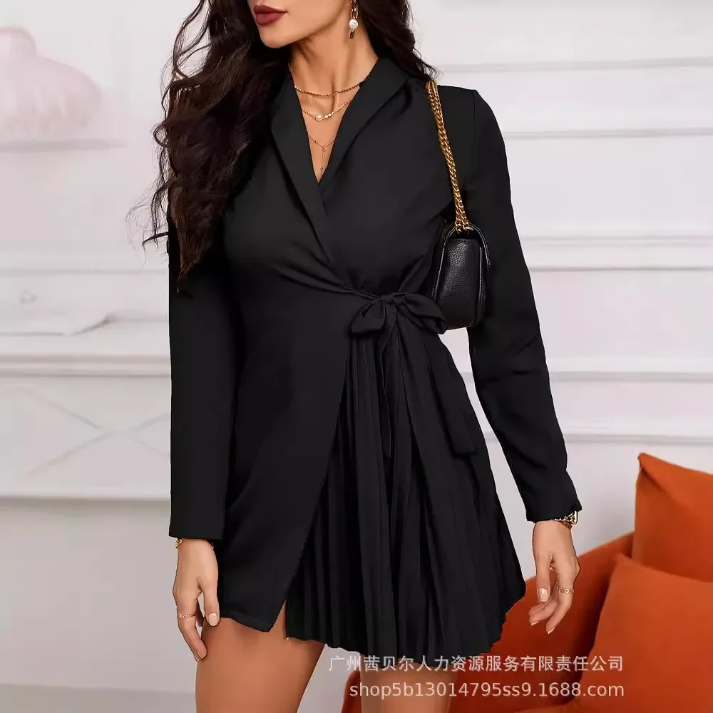 Pleated Black Suits Dress High Waist Khaki Suit Dress Women Long Sleeve Summer Elegants Office Lady Wear A-line Dress