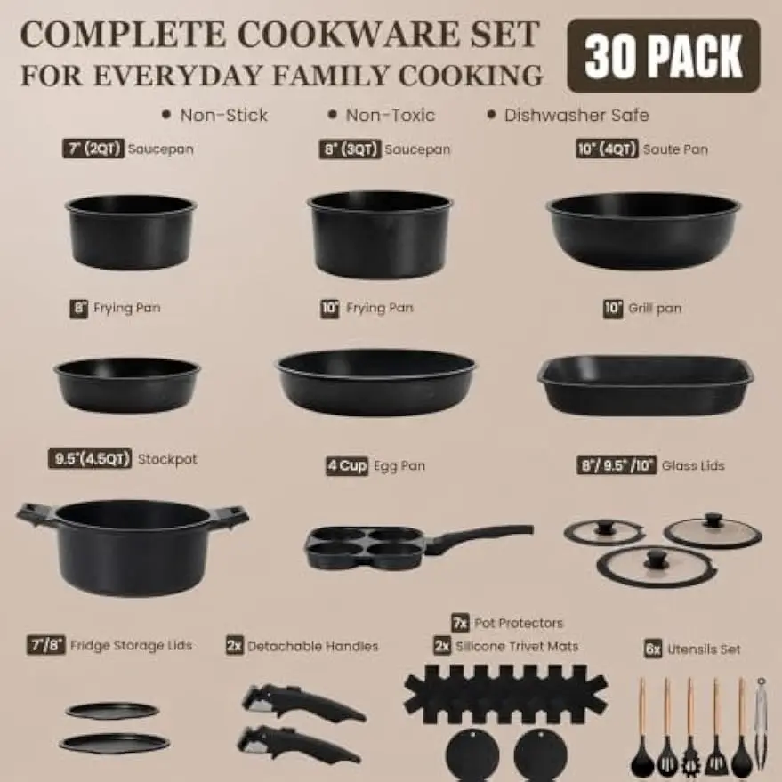 30-Piece Nonstick Pots and Pans Set, Cookware with Removable Handle | Complete Cooking Set; Induction Ready, Stackable