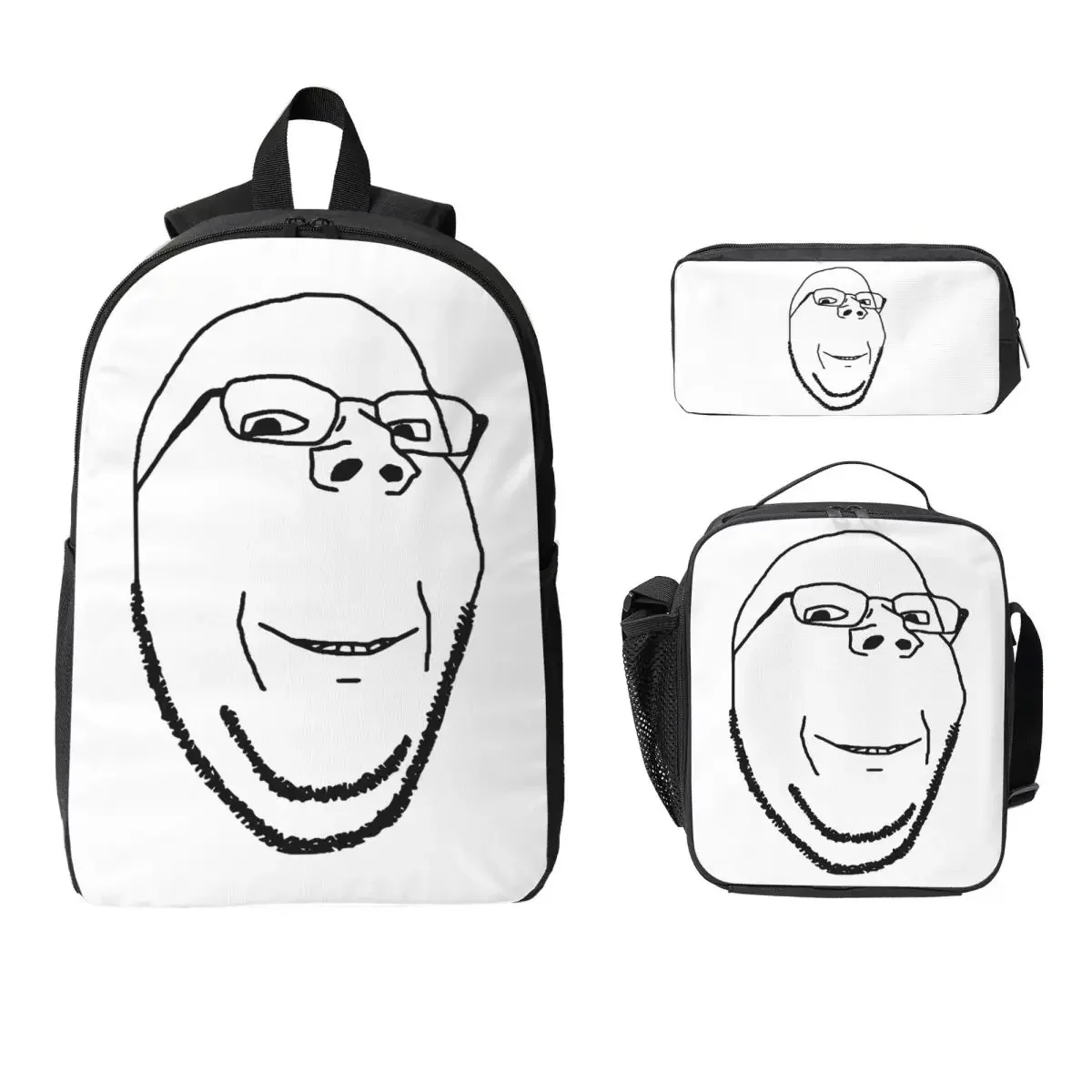 Smiling Wholesome Wojak Soyjak Backpack Boys Girls BookBag School Bag Laptop Shoulder Bags 3ps Insulated Lunch Bag Pencil Case