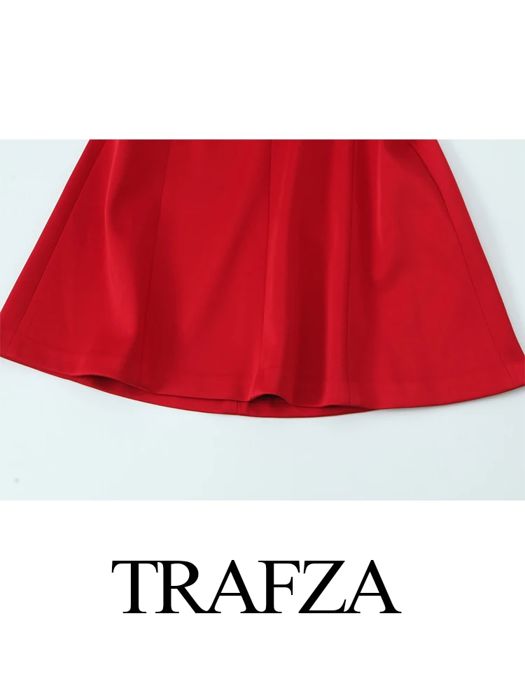 TRAFZA Women\'s Sexy Fashion Red Square Collar Open Silk Satin Texture Mini Dress Female Elegant Sleeveless Backless Zipper Dress