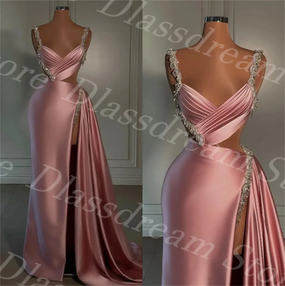 Sweetheart Pink Evening Gown Beaded Straps V Neck Party Prom Dresses Ruffle Sweep Train Split Formal Long Dress فساتين سهرة