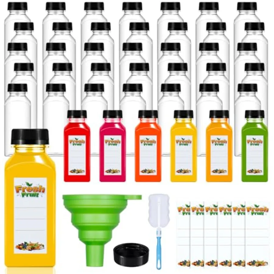 

Набор из 42 пластиковых бутылок для сока объемом 12 унций с крышками, прозрачные пустые многоразовые контейнеры для сока с крышками, щеткой, воронкой и этикетками для напитков