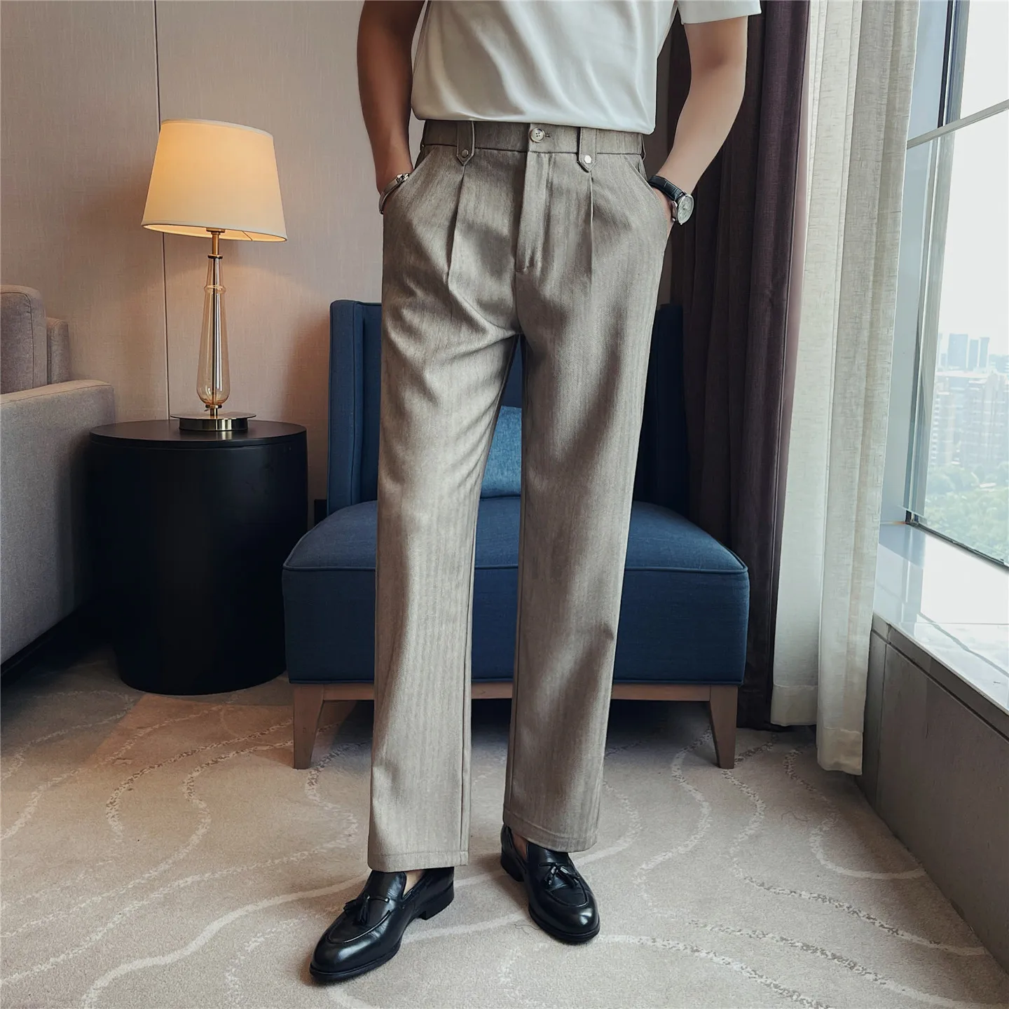 Men's Elastic Waist Straight-Leg Striped Trousers Slimming Herringbone Texture Dress Pants with Natural Drape Wrinkle Resistance