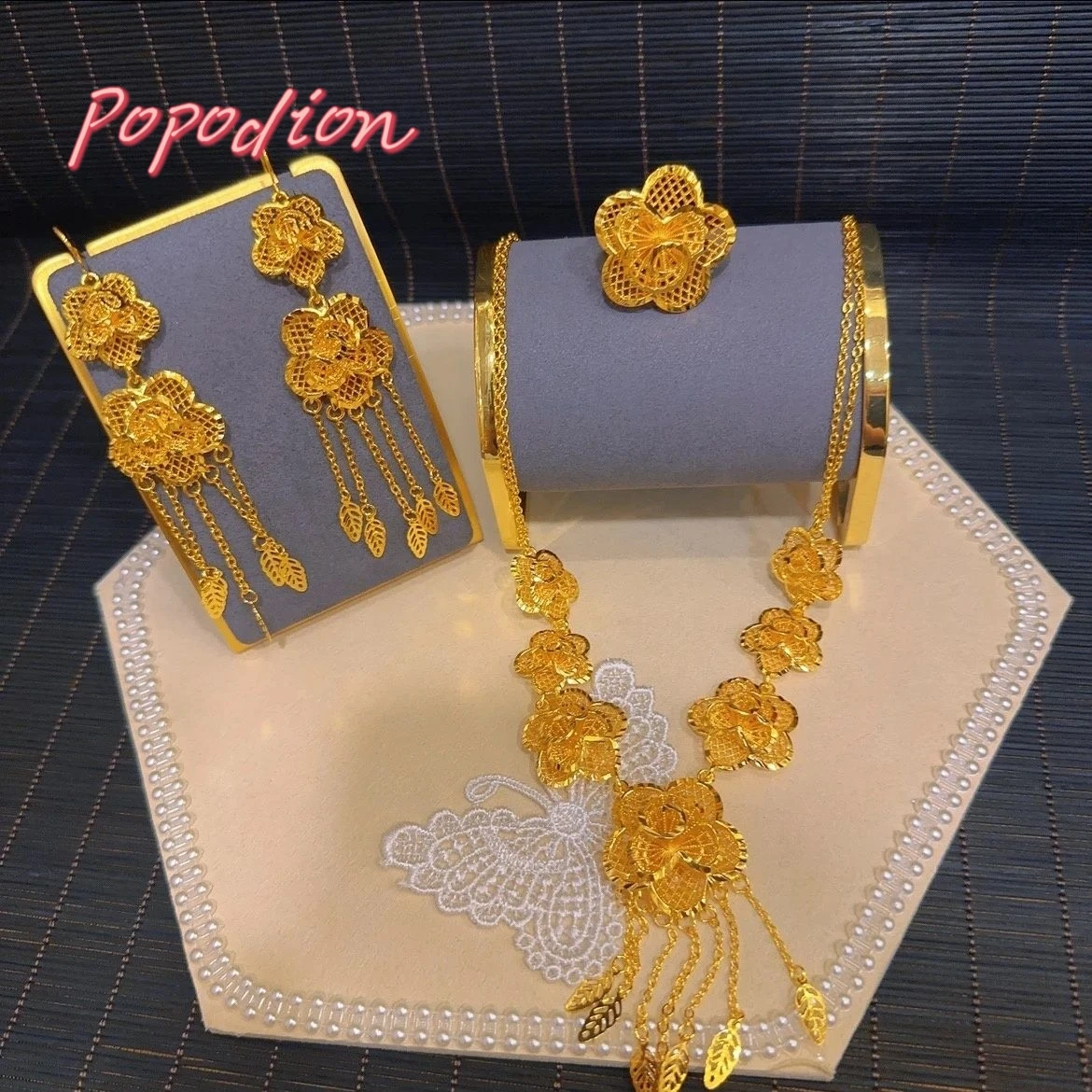 Popodion New 24K Gold Plated Jewelry Flower Necklace Women's Earrings Ring Fashion Accessories YY10359