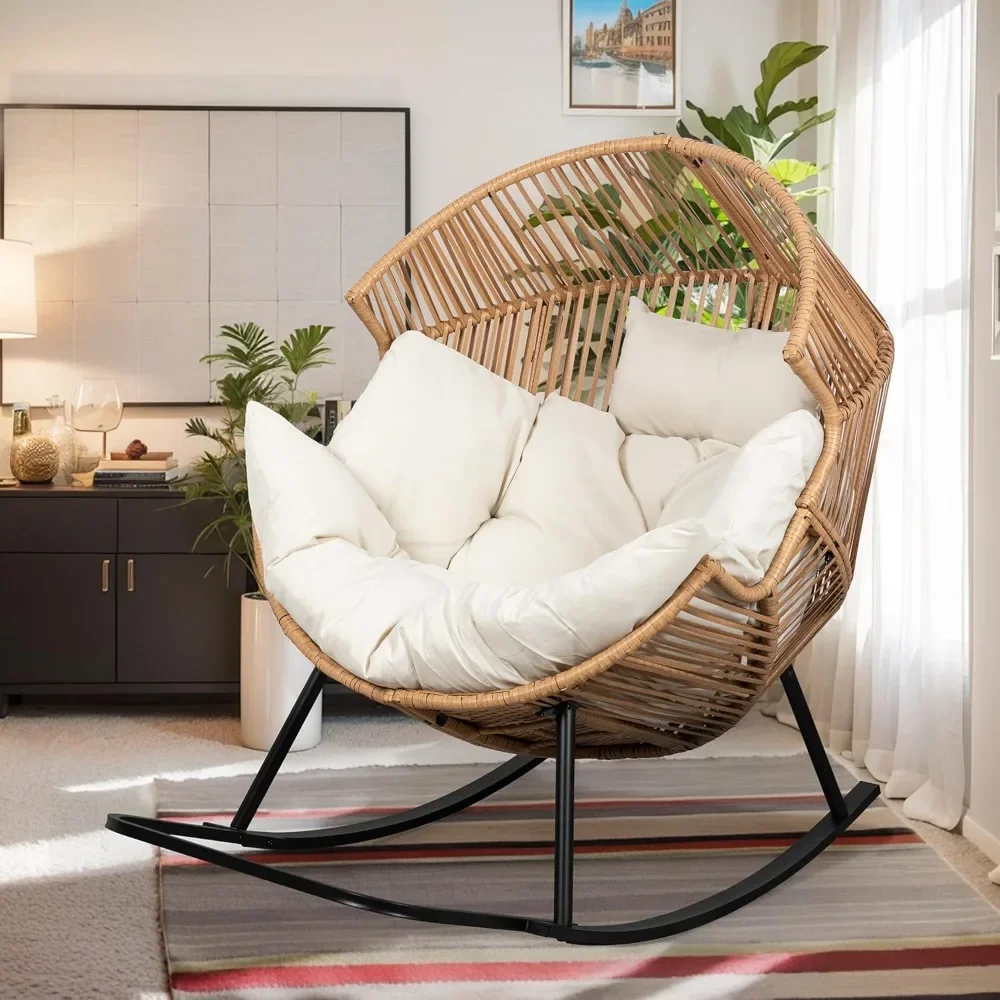 Wicker Egg Chair PE Rattan Rocking Chair with Cushion, Oversized Patio Lounge Rocker Chair for Outdoor, Indoor, Balcony, Backya