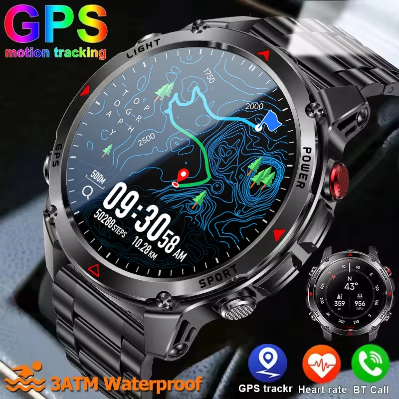 

2025Новые уличные военные HD умные часы мужские встроенные GPS компас высотомер сердечного ритма 3ATM водонепроницаемые часы BT Call SmartWatches