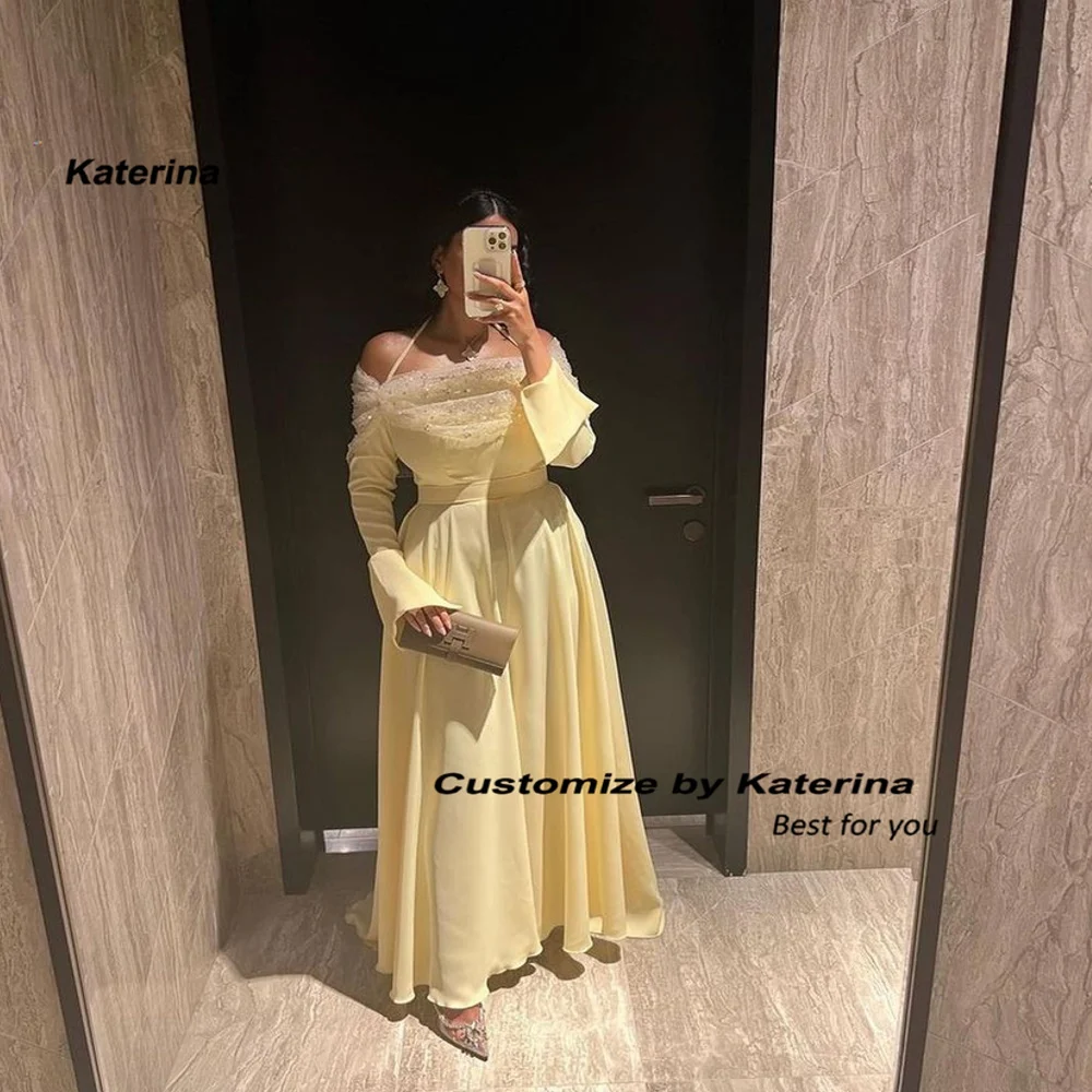 Katerina Satin Saudi Arabia Prom Dresses Off The Shoulder Pleats Dubai Formal Evening Party Dress Customize Women's Party Gowns