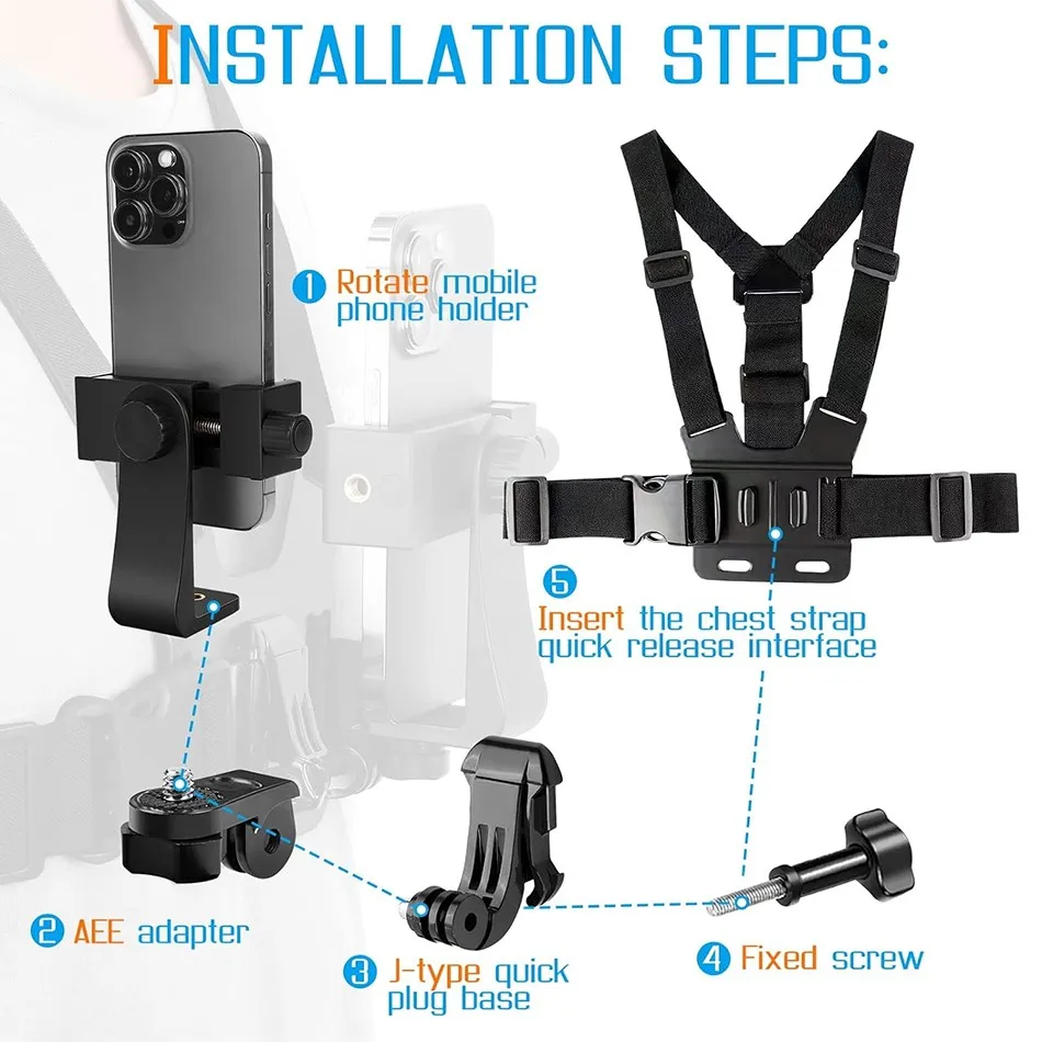 2024 NEW Chest Strap Rotate Phone Mount for Gopro Hero 12 11 10 9 Sport Camera Mobile Phone Body Harness Holder