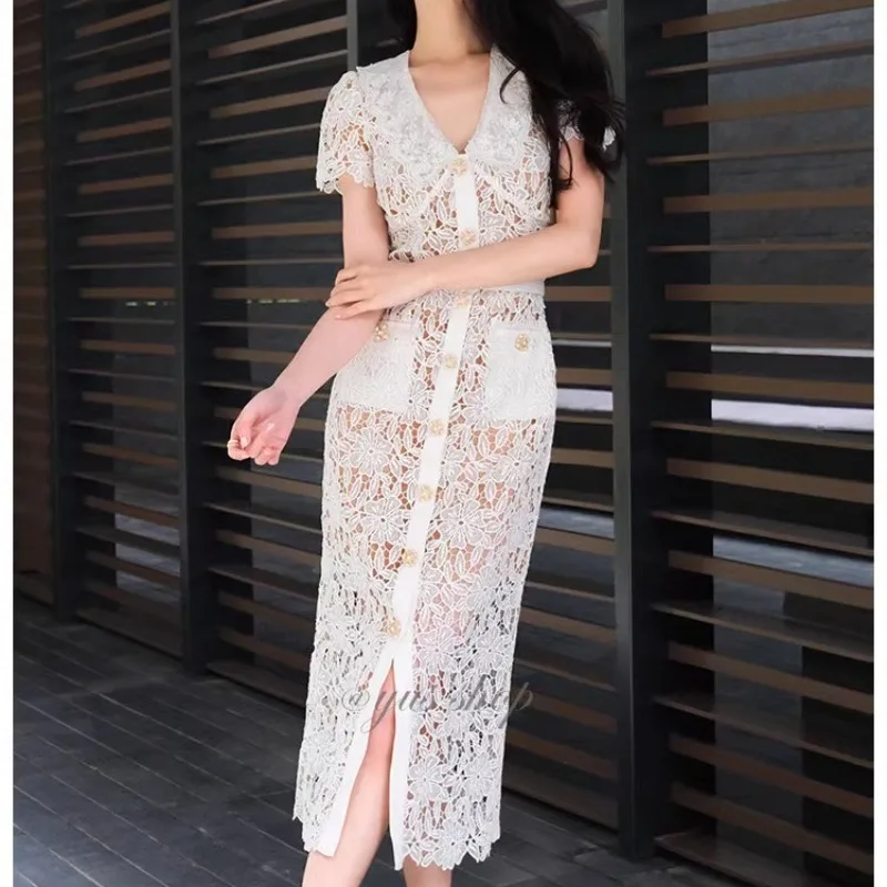 Golden Button beige Lace Women Dress Bodycon V-neck Evening Dresses Summer Luxury Design Vintage Elegant Clothing Lady