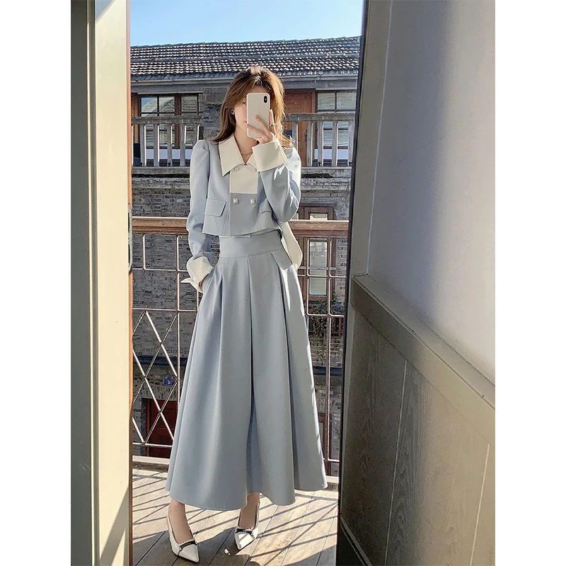 Women Autumn Fashion Patchwork Turn-down Collar Long Sleeve Coat Women Clothes Trend Solid Color Office Lady Skirt Two Piece Set